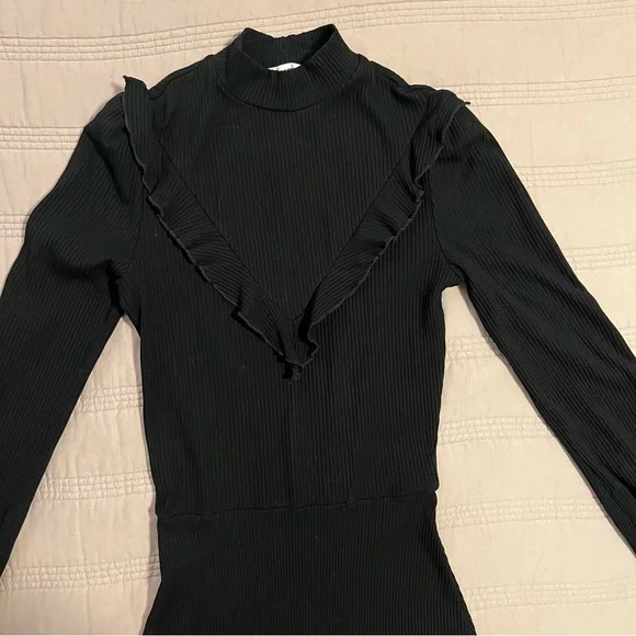Reformation Black Chapel Ribbed Long Sleeve Ruffle Dress mock neck - Picture 5 of 7